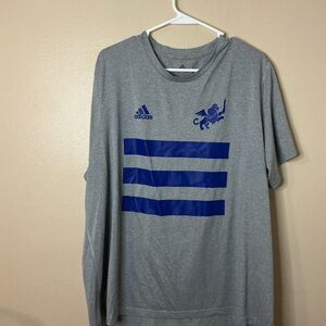 Adidas Men's Gray Tee with Blue Stripes